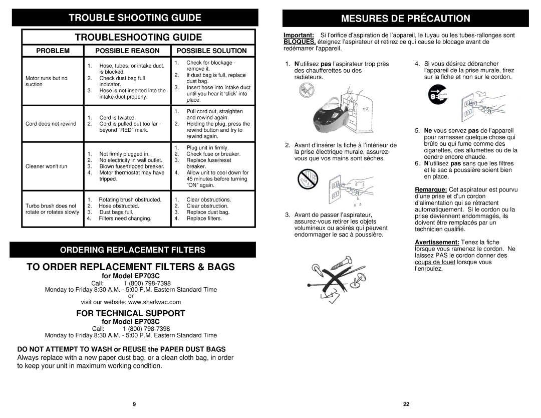 Sharp EP703C Trouble Shooting Guide, Mesures DE Précaution, To Order Replacement Filters & Bags, For Technical Support 