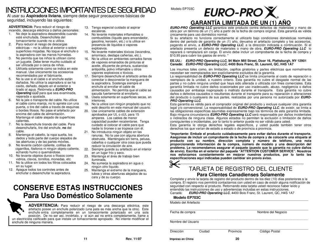 Sharp EP703C owner manual Instrucciones Importantes DE Seguridad, Garantía Limitada DE UN 1 AÑO 