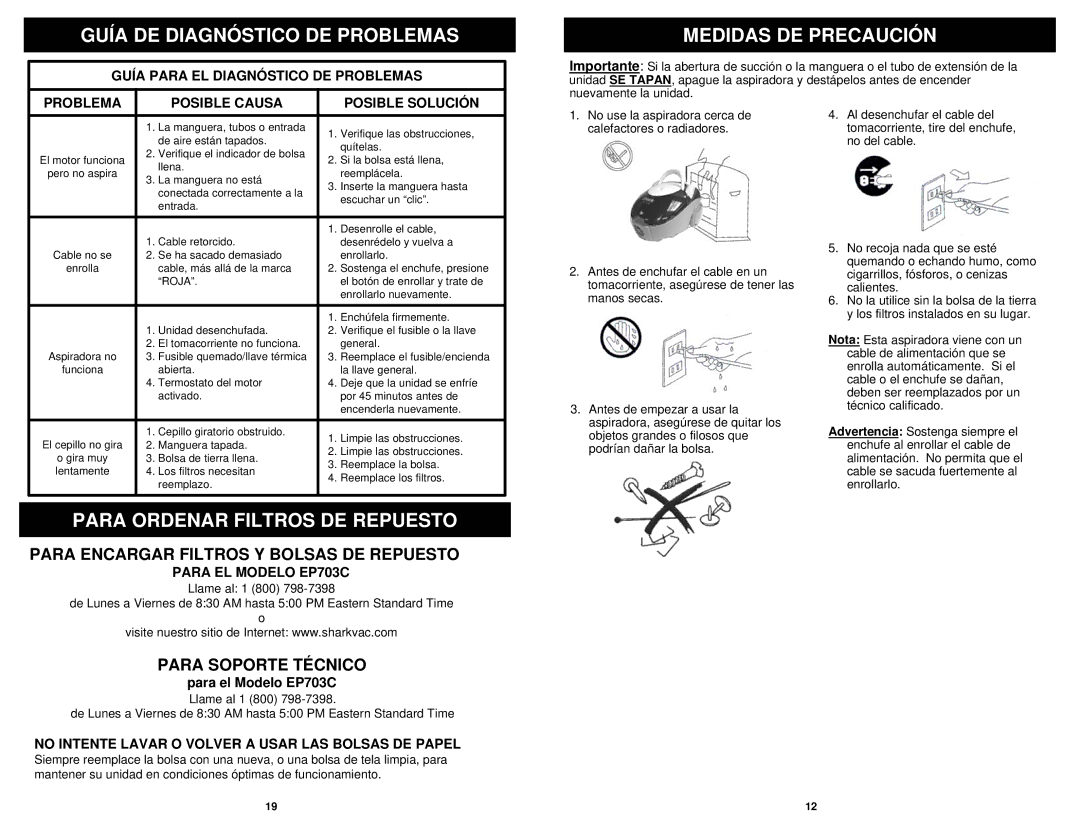 Sharp EP703C owner manual Guía DE Diagnóstico DE Problemas, Medidas DE Precaución, Para Ordenar Filtros DE Repuesto 