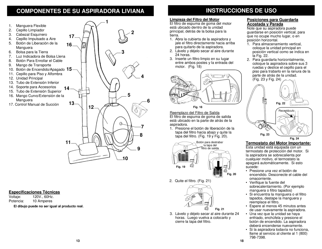 Sharp EP703C Componentes DE SU Aspiradora Liviana Instrucciones DE USO, Posiciones para Guardarla Acostada y Parada 