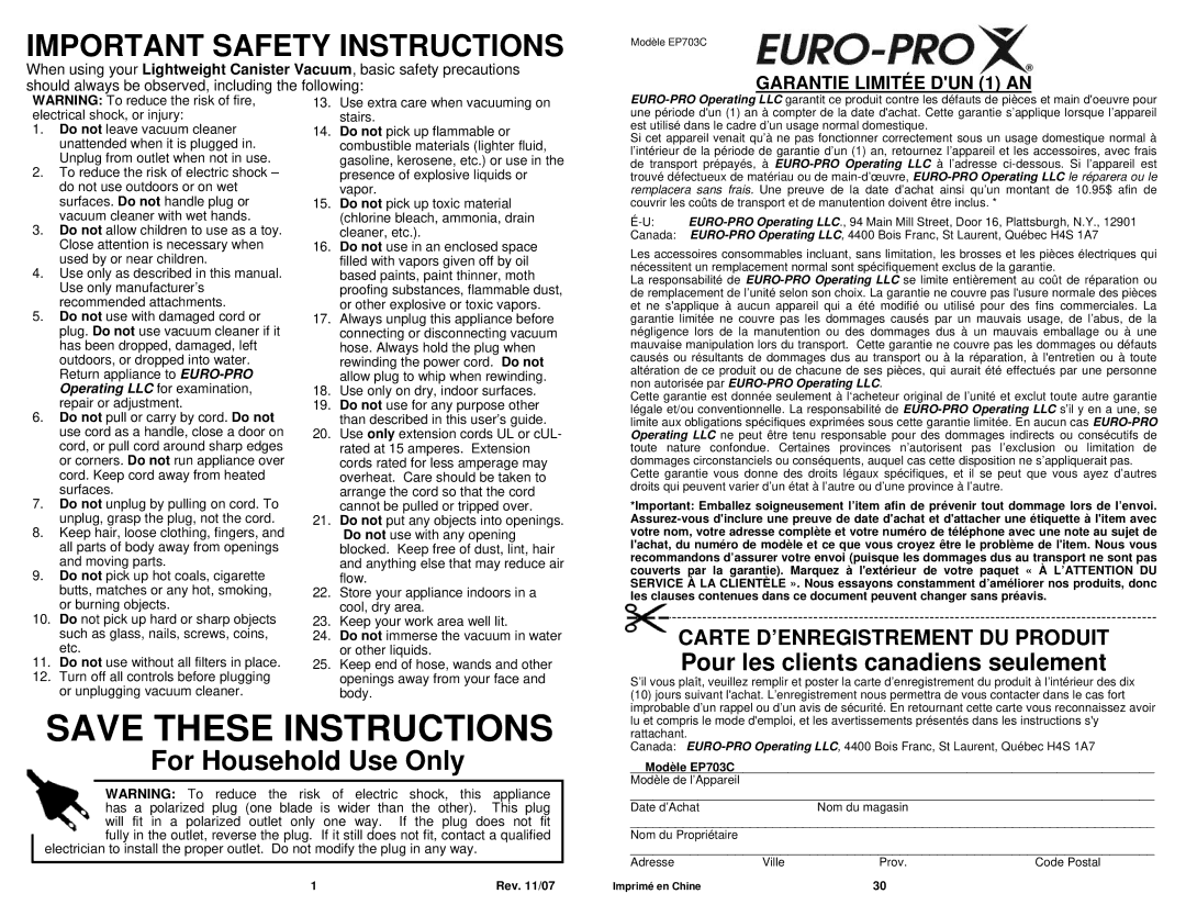 Sharp EP703C owner manual Carte D’ENREGISTREMENT DU Produit, Garantie Limitée DUN 1 AN 