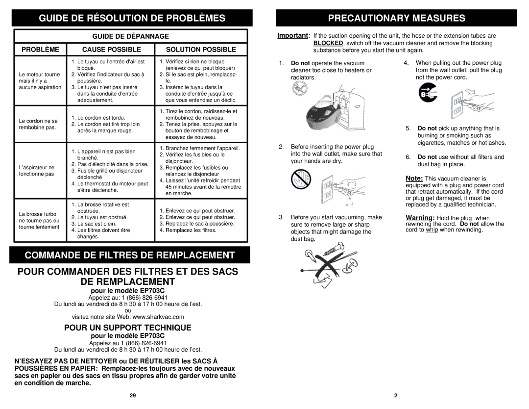 Sharp EP703C owner manual Guide DE Résolution DE Problèmes, Precautionary Measures, Commande DE Filtres DE Remplacement 