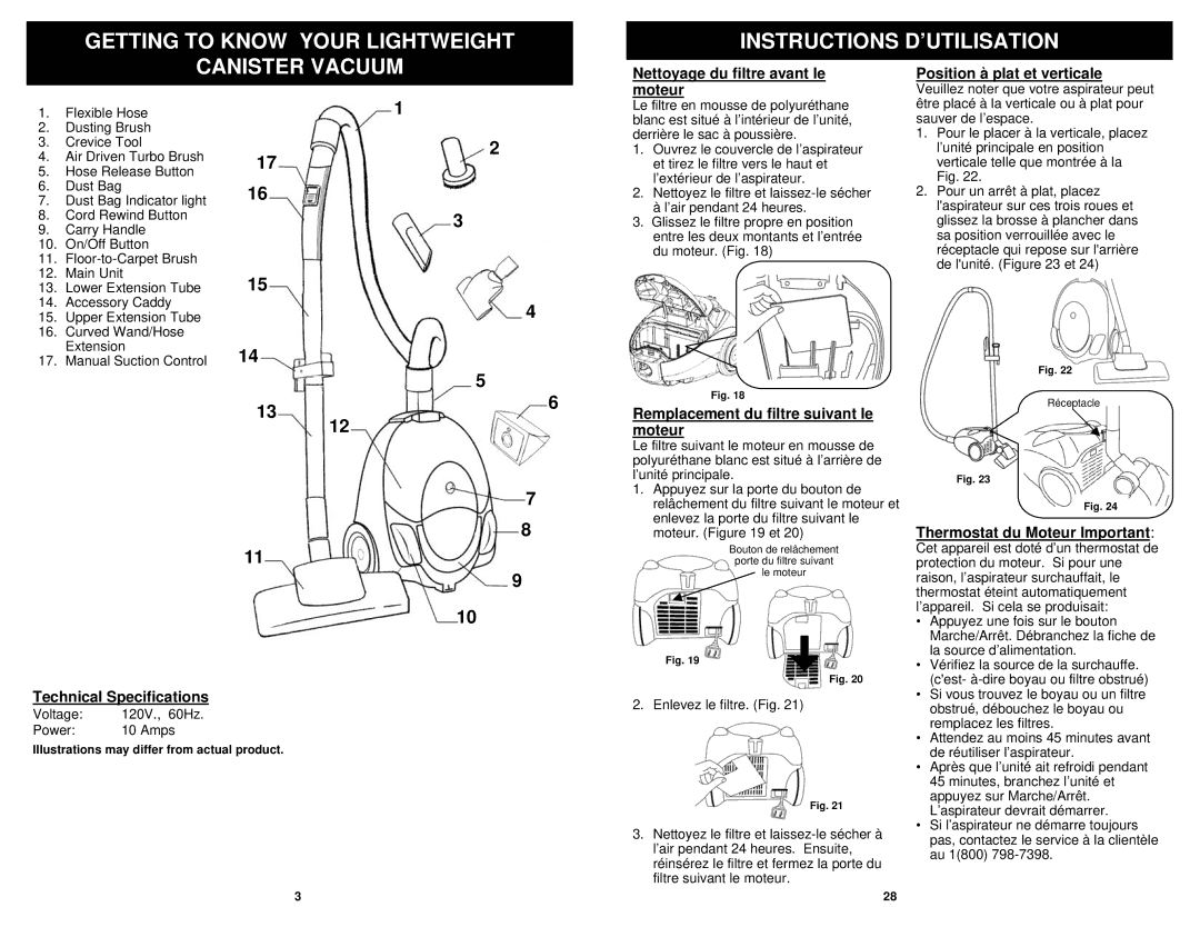 Sharp EP703C Remplacement du filtre suivant le moteur, Thermostat du Moteur Important, Technical Specifications 