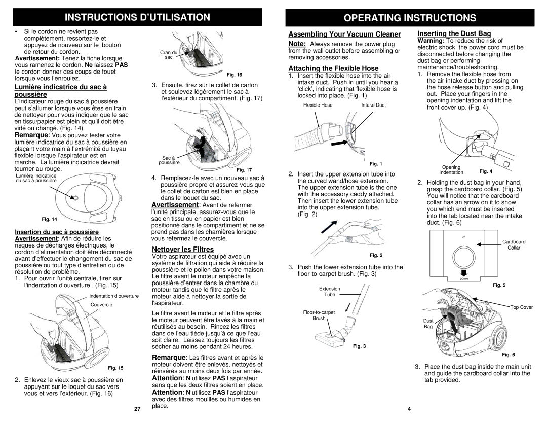 Sharp EP703C owner manual Instructions D’UTILISATION Operating Instructions, Lumière indicatrice du sac à poussière 