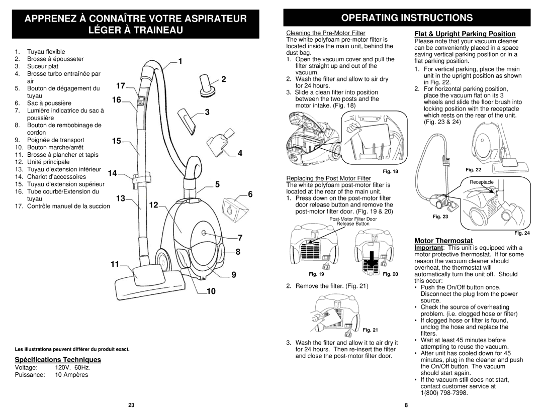 Sharp EP703C owner manual Flat & Upright Parking Position, Spécifications Techniques, Motor Thermostat 