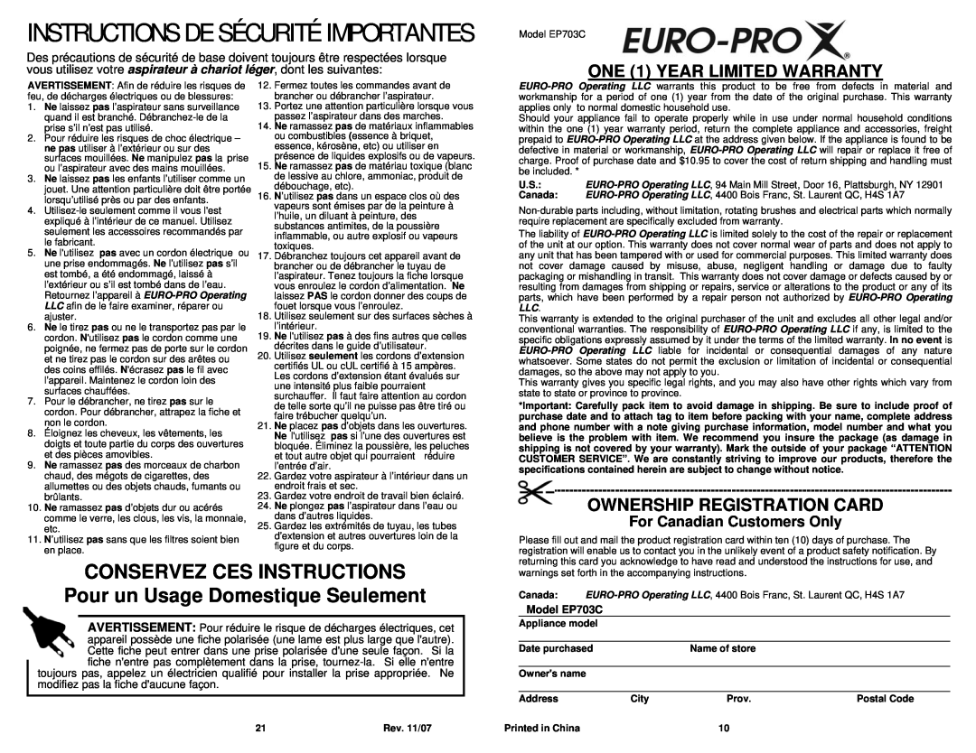 Sharp EP703C Instructions De Sécurité Importantes, Conservez Ces Instructions, Pour un Usage Domestique Seulement 