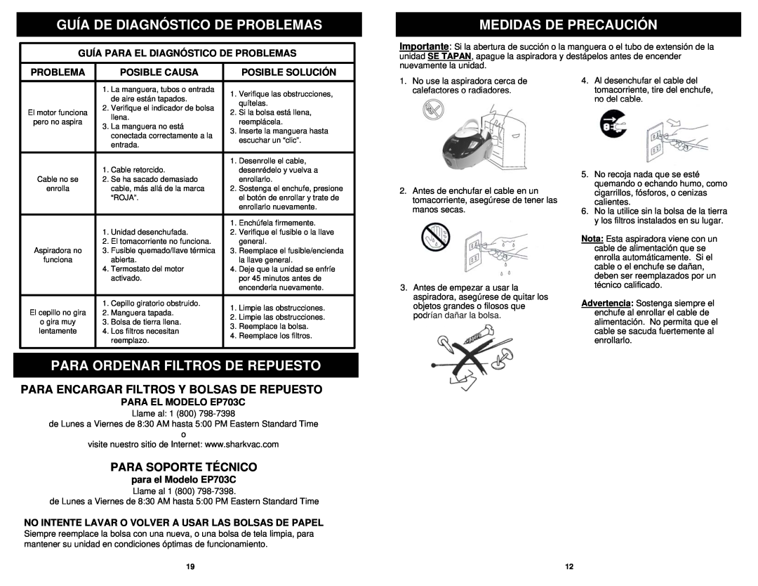 Sharp EP703C Guía De Diagnóstico De Problemas, Medidas De Precaución, Para Ordenar Filtros De Repuesto, Posible Causa 