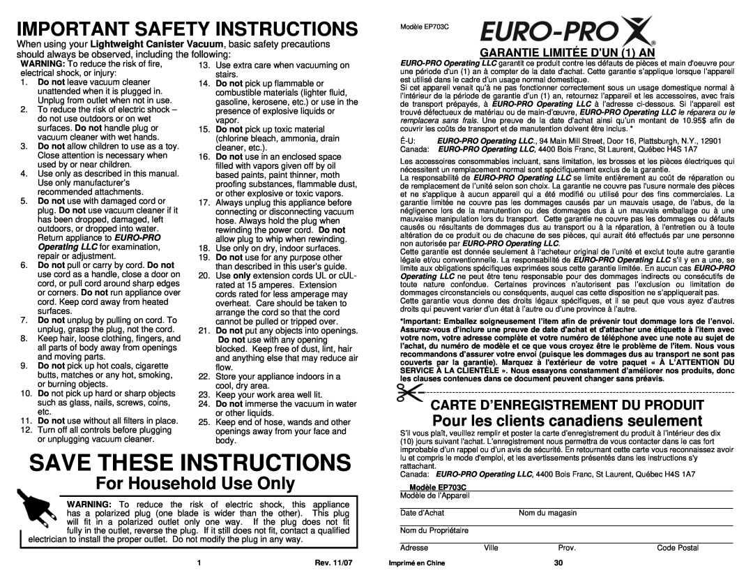 Sharp EP703C owner manual Important Safety Instructions, For Household Use Only, Pour les clients canadiens seulement 