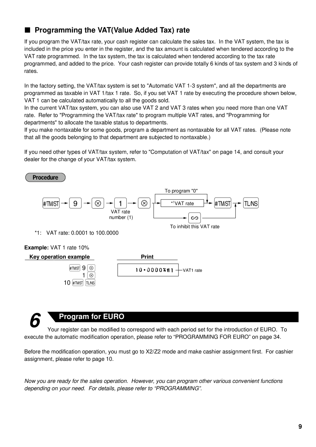 Sharp ER-A180, ER-A160 instruction manual 10 ÑÉ, Programming the VATValue Added Tax rate, Key operation example Print 