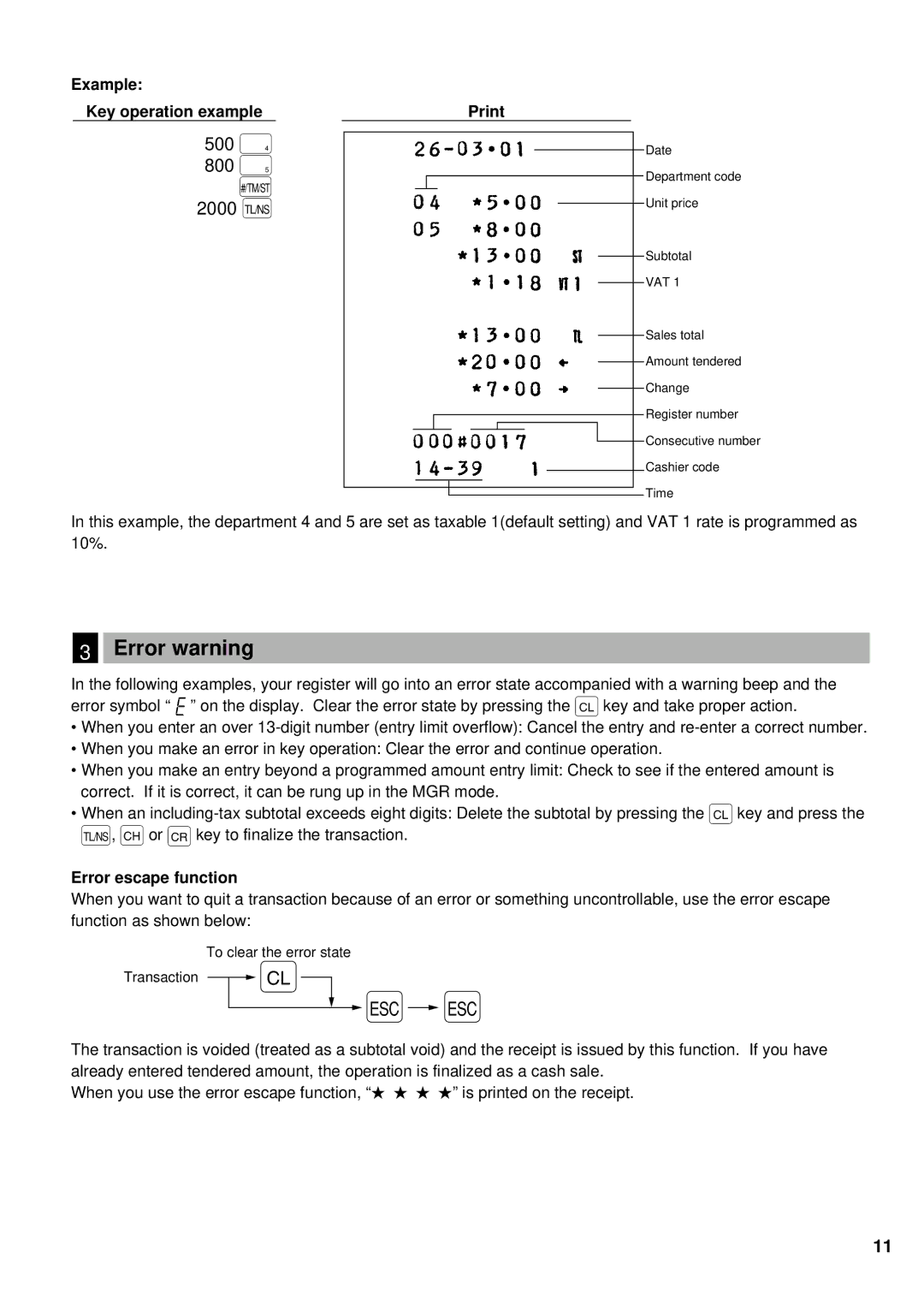 Sharp ER-A180, ER-A160 instruction manual Error warning, 500 ù 800 û 2000 É, Error escape function 