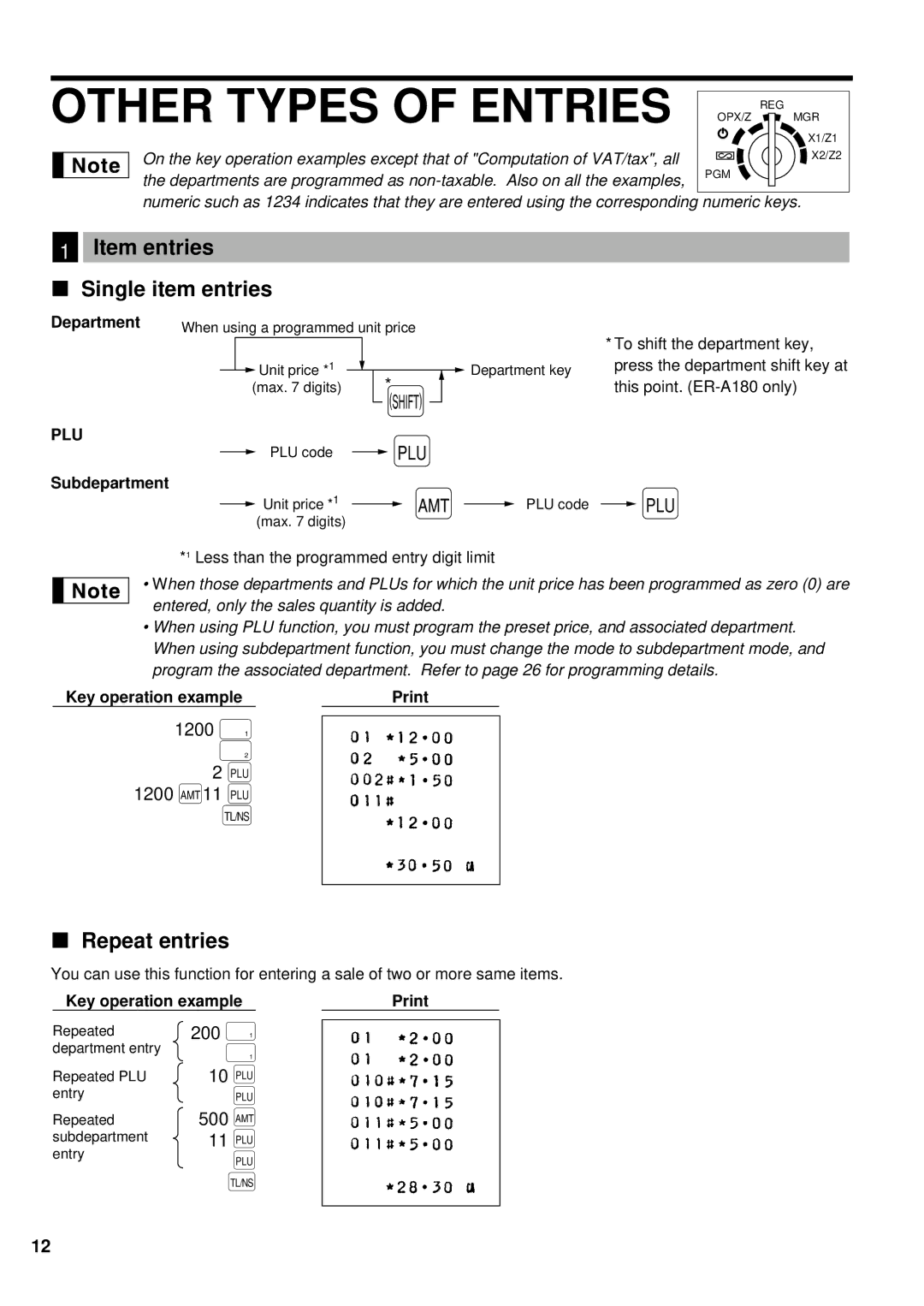 Sharp ER-A160, ER-A180 instruction manual Other Types of Entries, Item entries Single item entries, Repeat entries 