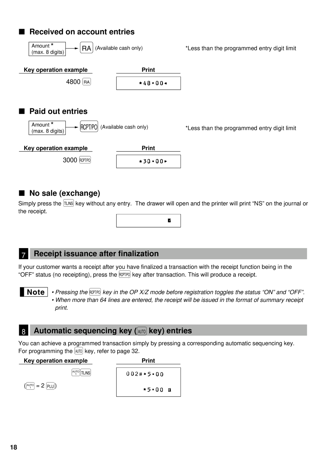 Sharp ER-A160 Received on account entries, Paid out entries, No sale exchange, Receipt issuance after finalization 