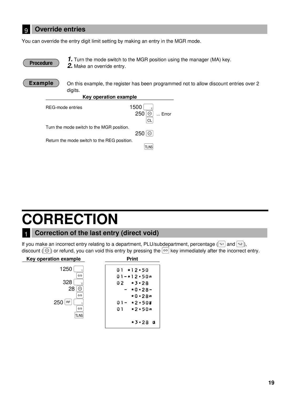 Sharp ER-A180, ER-A160 instruction manual 250, 328 ˘, Override entries, Correction of the last entry direct void 