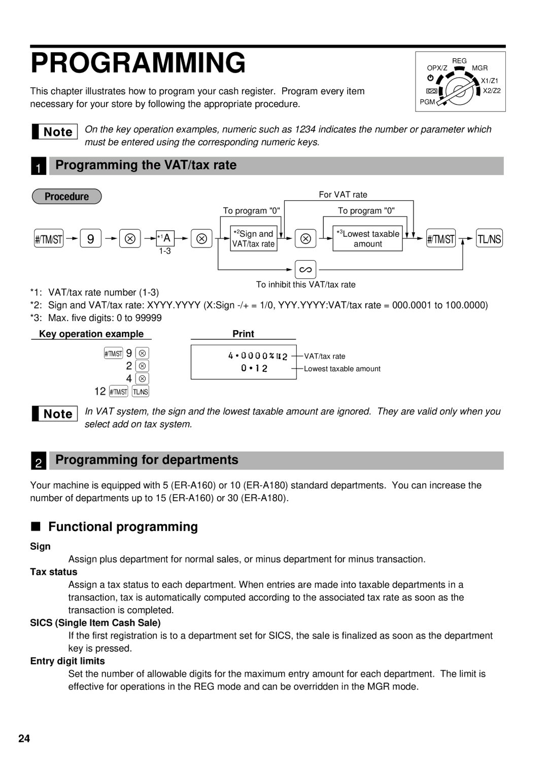 Sharp ER-A160, ER-A180 Ñ9 ≈, Programming the VAT/tax rate, Programming for departments, Functional programming 