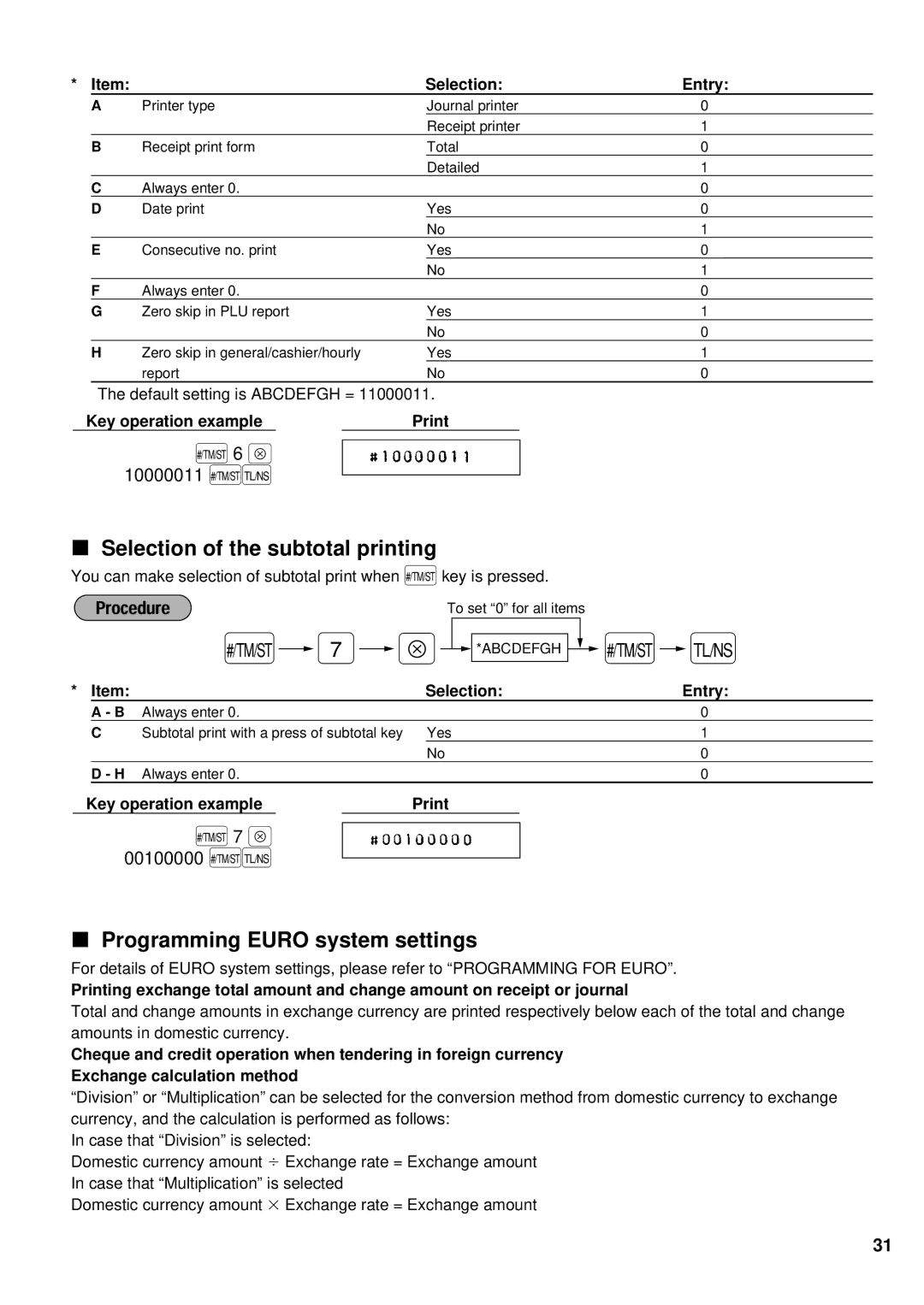 Sharp ER-A180, ER-A160 Selection of the subtotal printing, Programming Euro system settings, 10000011 ÑÉ, 00100000 ÑÉ 