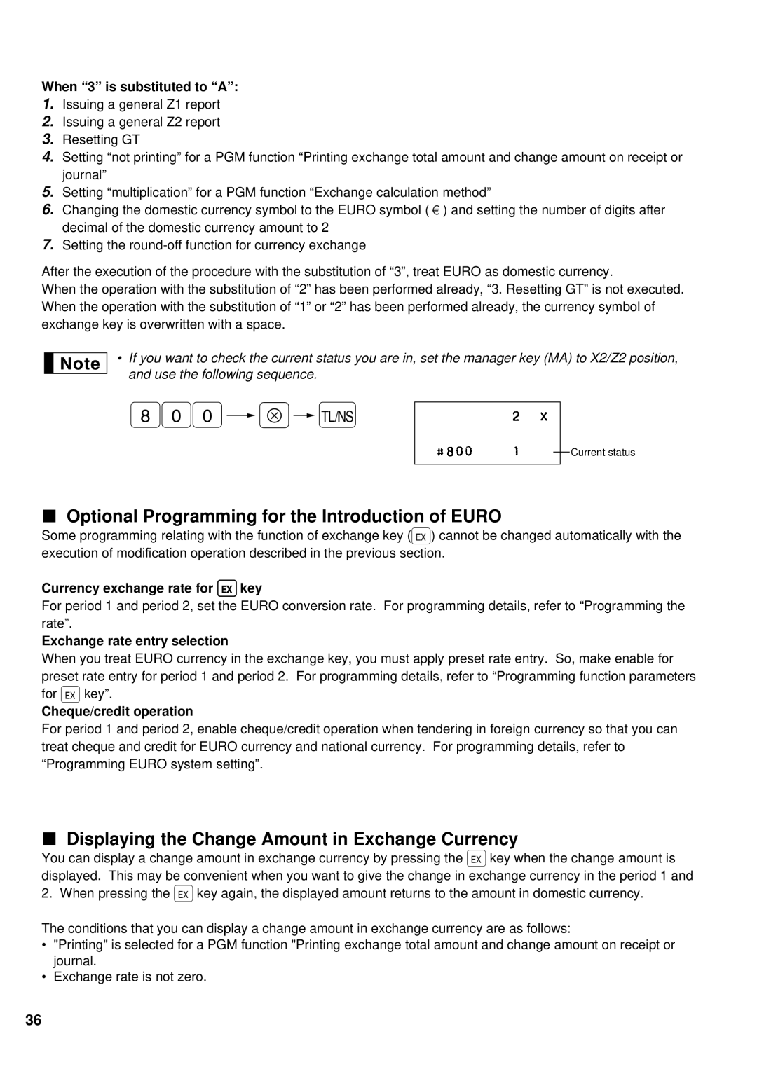 Sharp ER-A160 Optional Programming for the Introduction of Euro, Displaying the Change Amount in Exchange Currency 