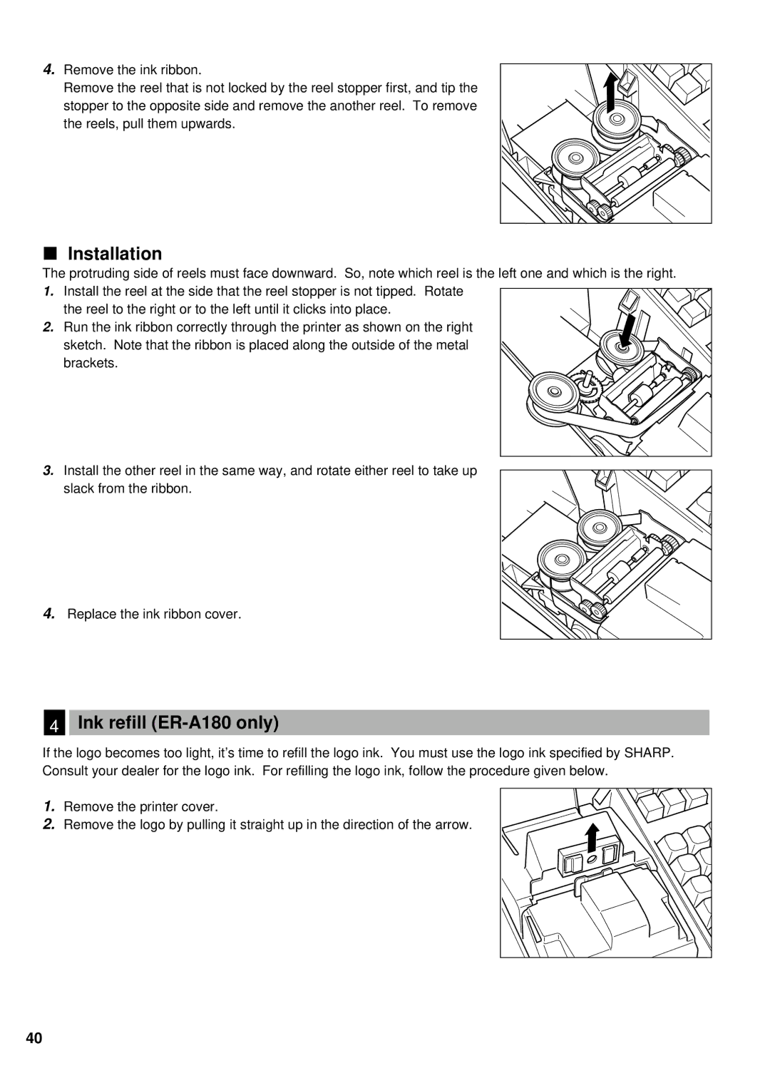 Sharp ER-A160 instruction manual Installation, Ink refill ER-A180 only 