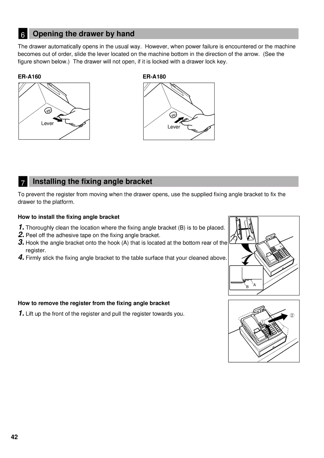 Sharp instruction manual Opening the drawer by hand, Installing the fixing angle bracket, ER-A160 ER-A180 