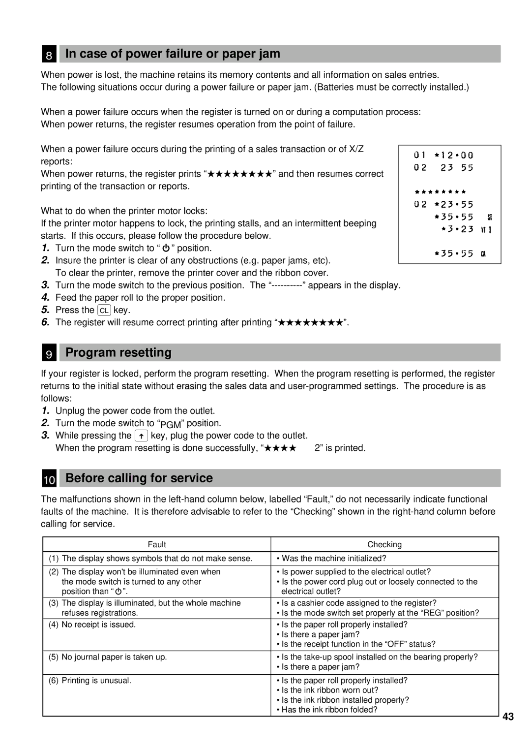 Sharp ER-A180, ER-A160 instruction manual Case of power failure or paper jam, Program resetting, Before calling for service 