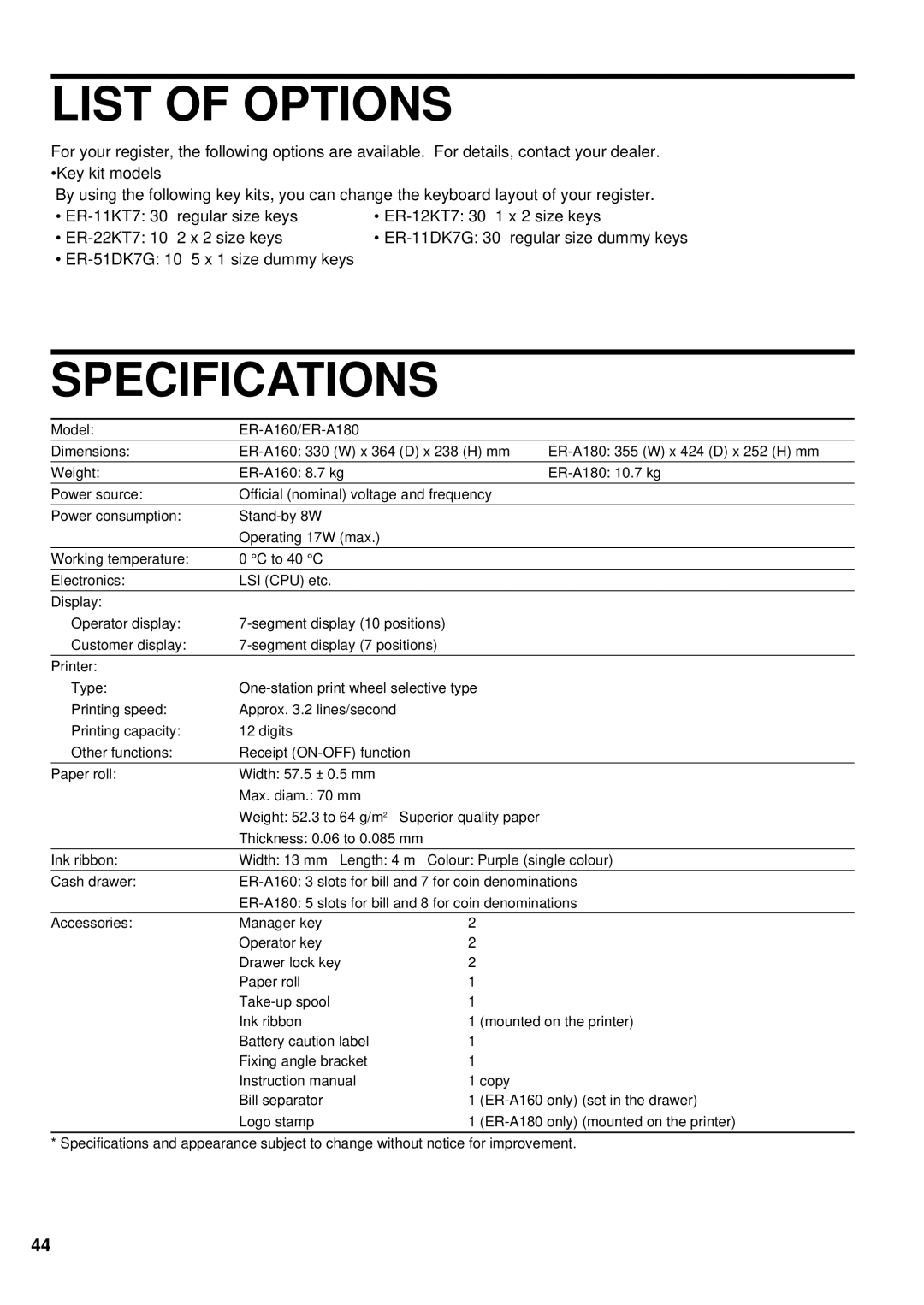 Sharp ER-A160, ER-A180 instruction manual List of Options, Specifications 