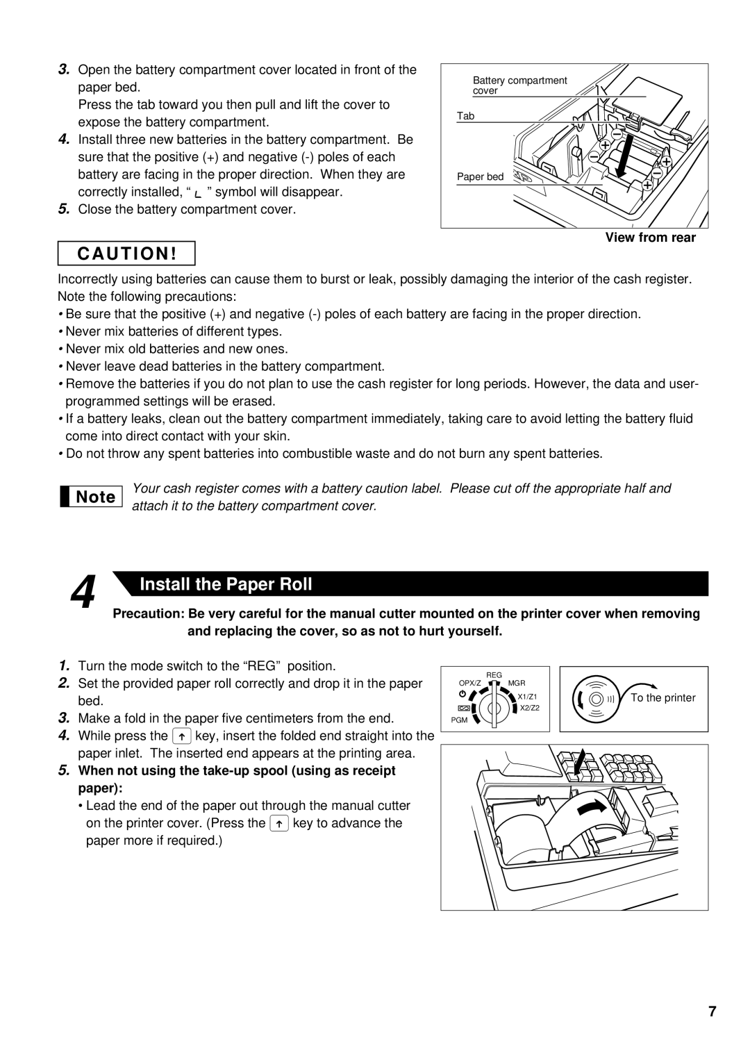 Sharp ER-A180, ER-A160 instruction manual View from rear, When not using the take-up spool using as receipt paper 