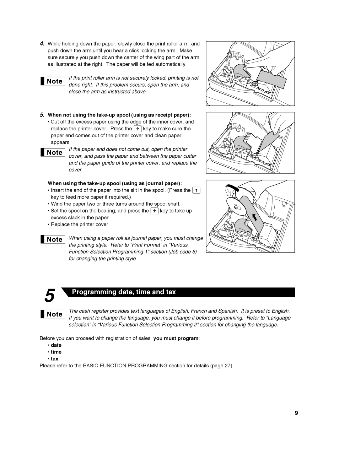 Sharp ER-A242 When not using the take-up spool using as receipt paper, When using the take-up spool using as journal paper 