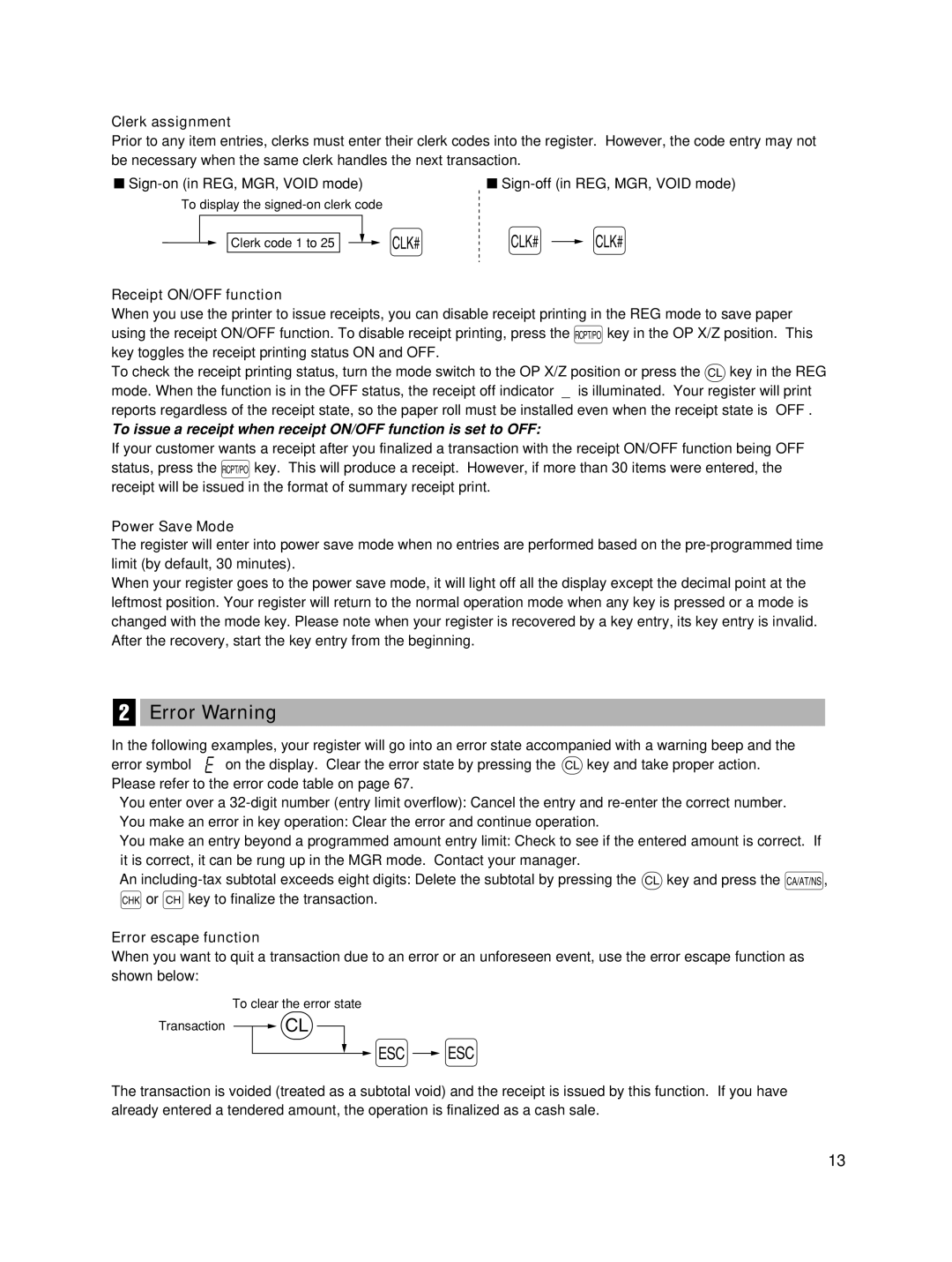 Sharp ER-A242 Error Warning, Clerk assignment, Receipt ON/OFF function, Power Save Mode, Error escape function 