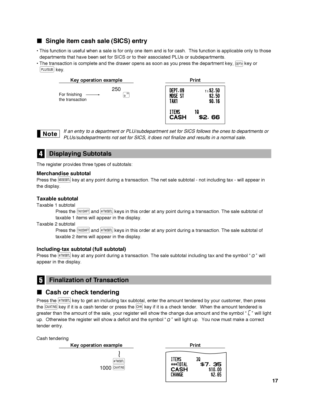 Sharp ER-A242 Single item cash sale Sics entry, Displaying Subtotals, Finalization of Transaction Cash or check tendering 