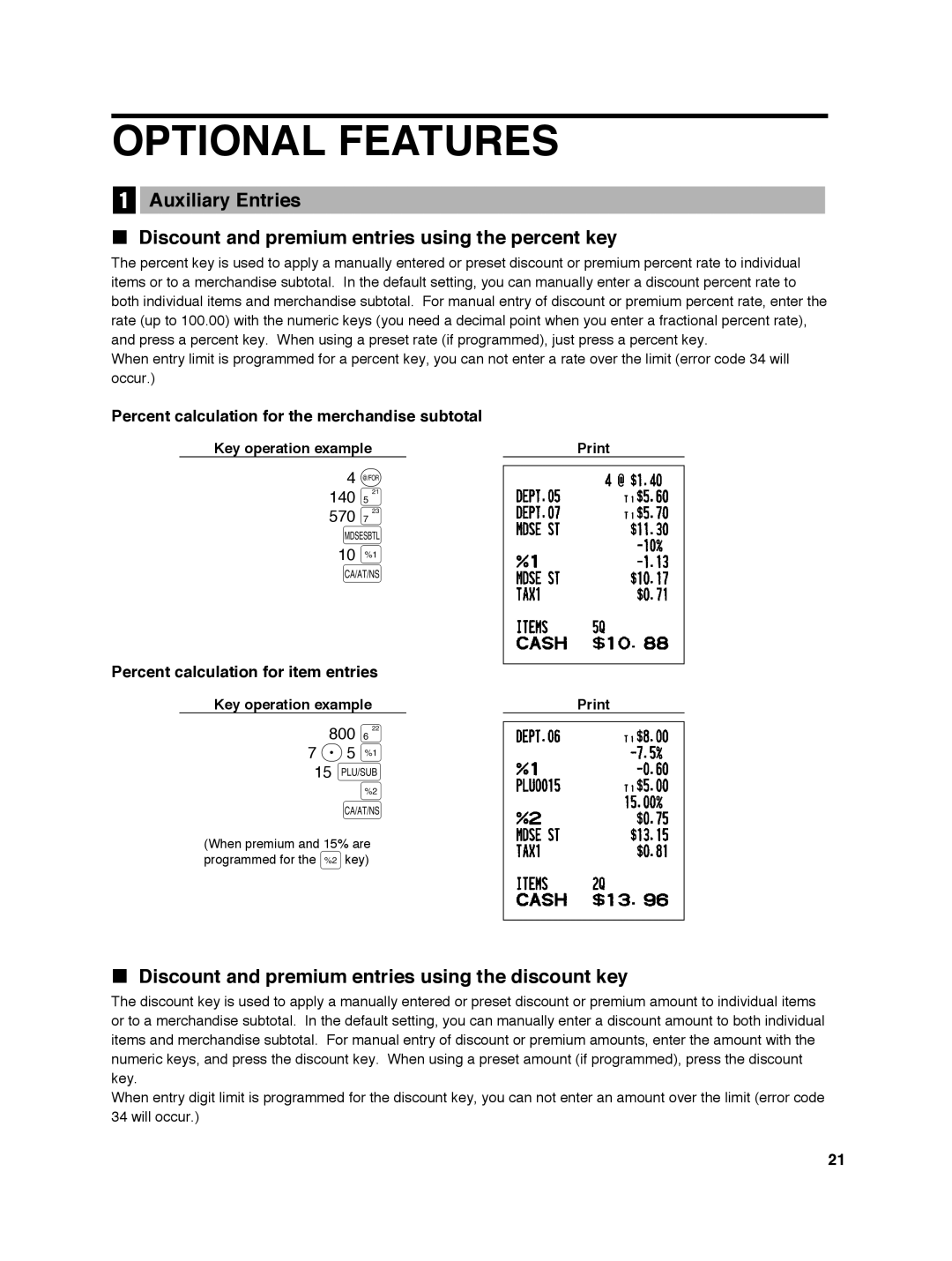 Sharp ER-A242 Optional Features, 140 570 10 %, 800 + P5 %, Discount and premium entries using the discount key 