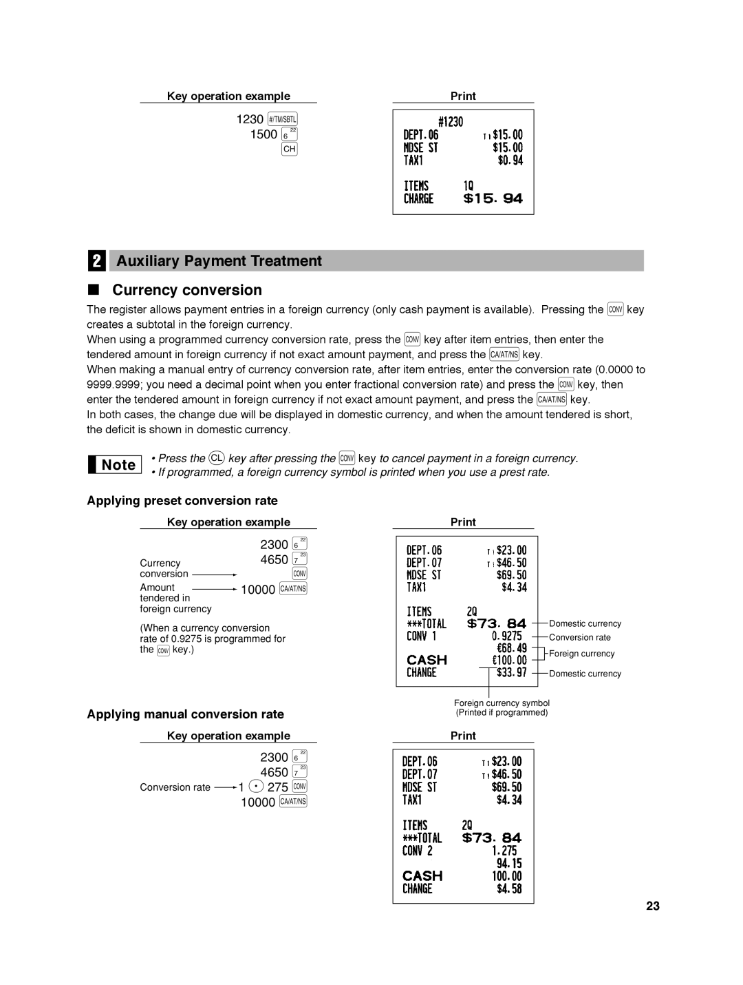 Sharp ER-A242 instruction manual Auxiliary Payment Treatment Currency conversion, Applying preset conversion rate 