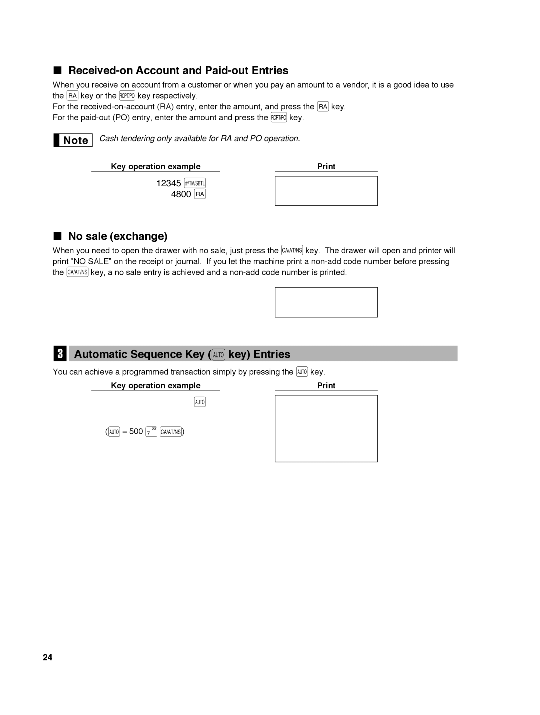 Sharp ER-A242 Received-on Account and Paid-out Entries, No sale exchange, Automatic Sequence Key akey Entries 