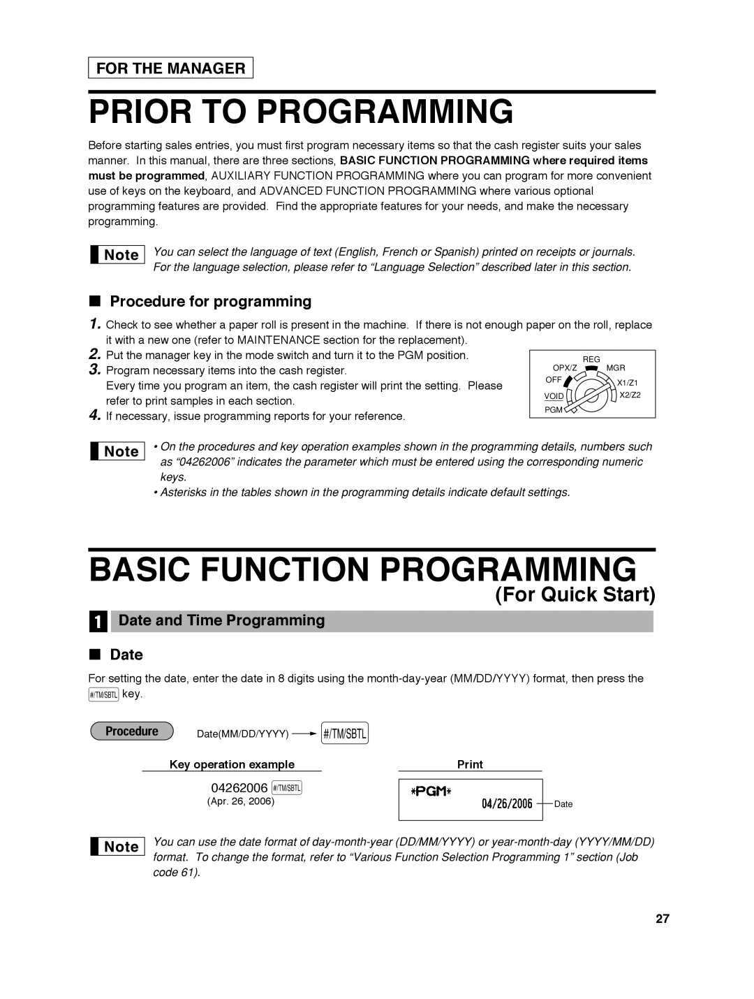 Sharp ER-A242 Prior to Programming, Basic Function Programming, Procedure for programming, Date and Time Programming 