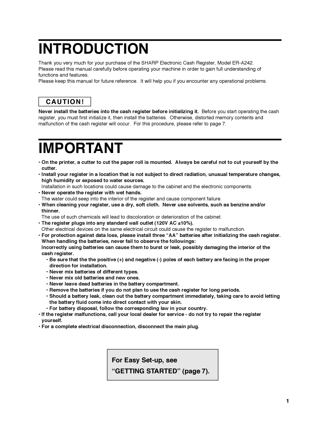 Sharp ER-A242 Introduction, For Easy Set-up, see Getting Started, Never operate the register with wet hands 