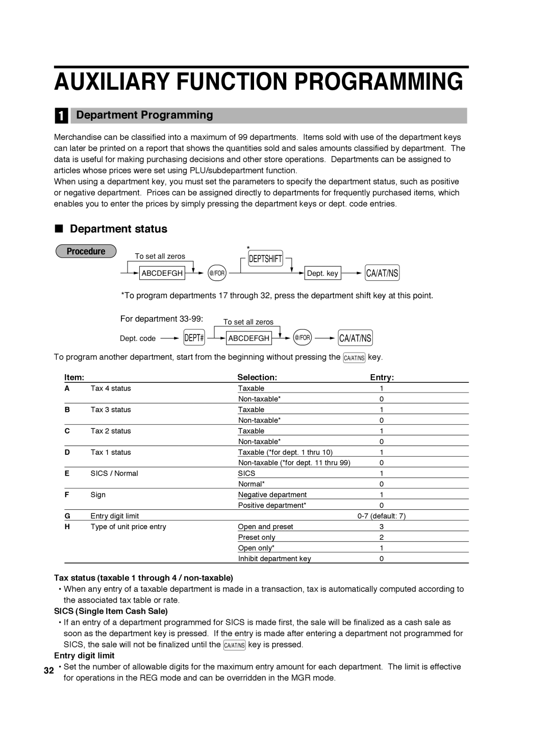 Sharp ER-A242 instruction manual Auxiliary Function Programming, Department Programming, Department status 