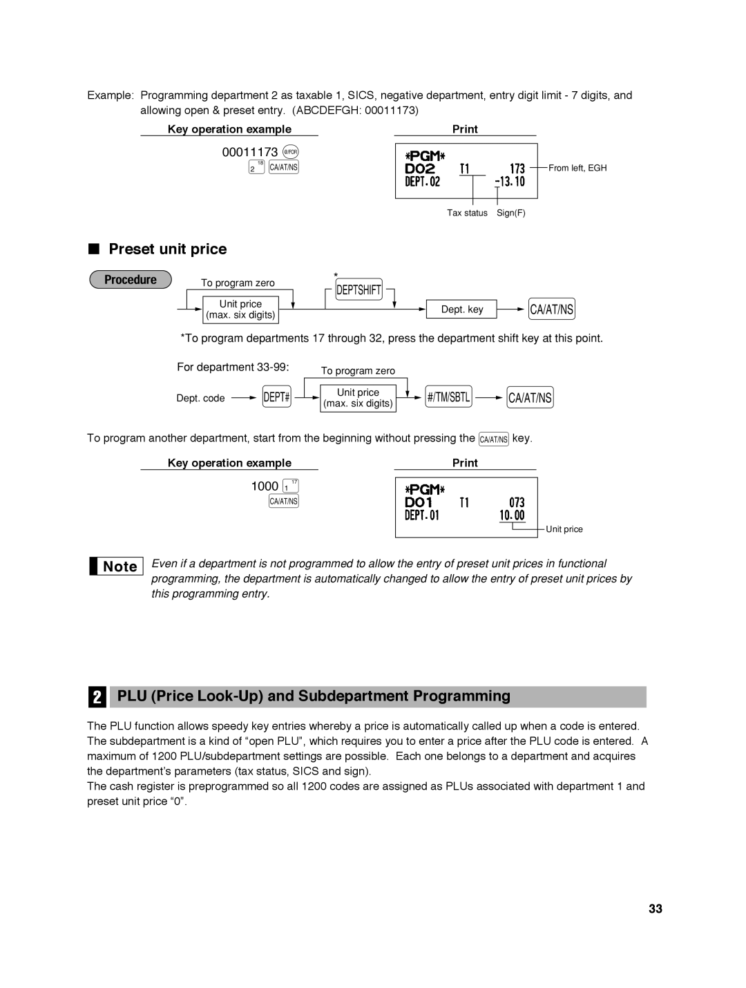 Sharp ER-A242 instruction manual Preset unit price, PLU Price Look-Up and Subdepartment Programming, 00011173 @, 1000 