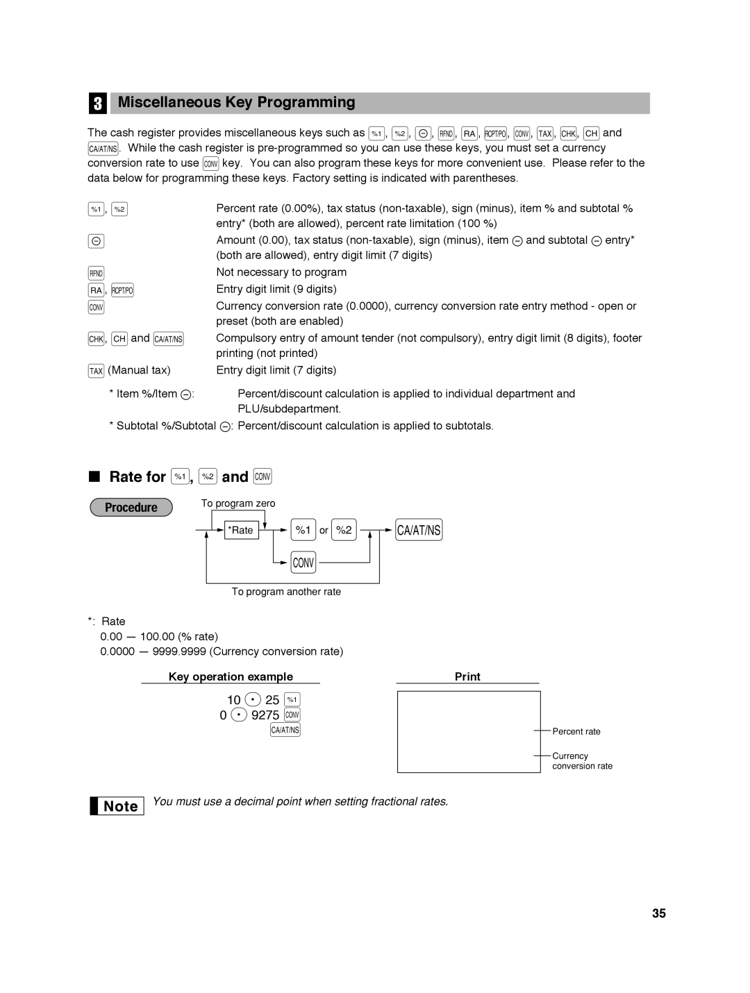 Sharp ER-A242 instruction manual Miscellaneous Key Programming, Rate for %, 10 P 25 % 9275 