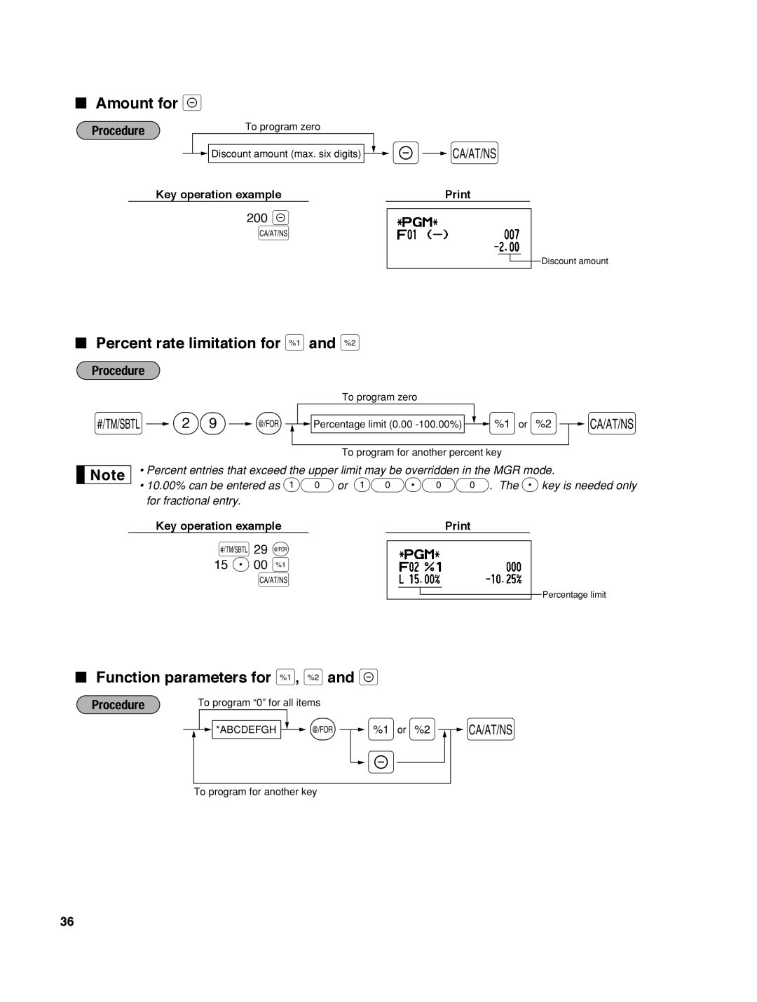 Sharp ER-A242 instruction manual 200, Amount for, Percent rate limitation for %, Function parameters for %, 29 @ 15 P 00 % 