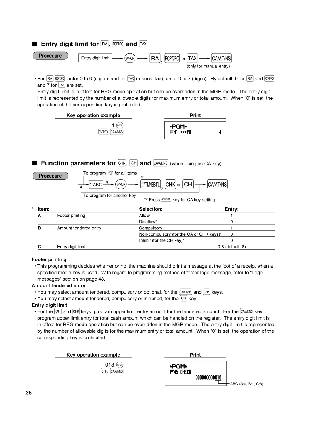 Sharp ER-A242 Entry digit limit for r, Rand t, Function parameters for C, c and a when using as CA key, 018 @ 