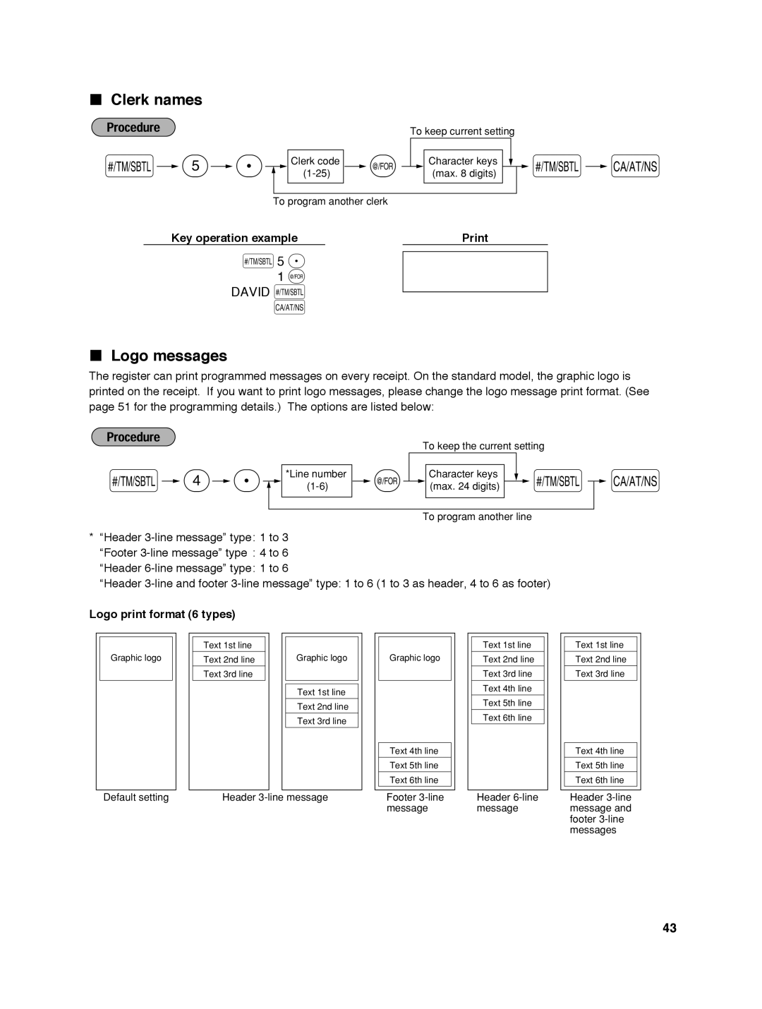 Sharp ER-A242 instruction manual Clerk names, Logo messages, David s, Logo print format 6 types 