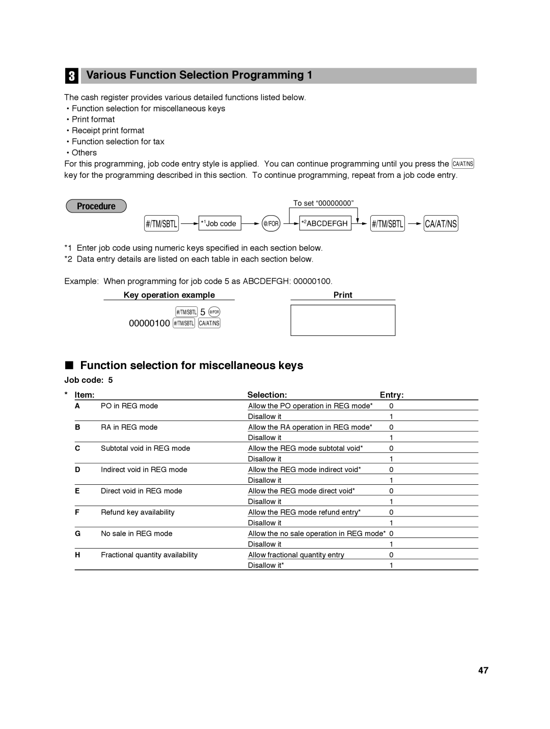 Sharp ER-A242 S5 @, Various Function Selection Programming, Function selection for miscellaneous keys, 00000100 sA 