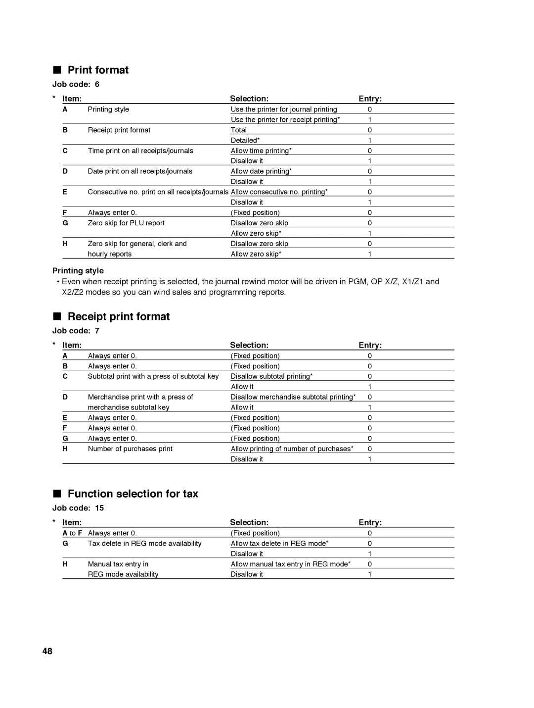 Sharp ER-A242 instruction manual Print format, Receipt print format, Function selection for tax, Printing style 