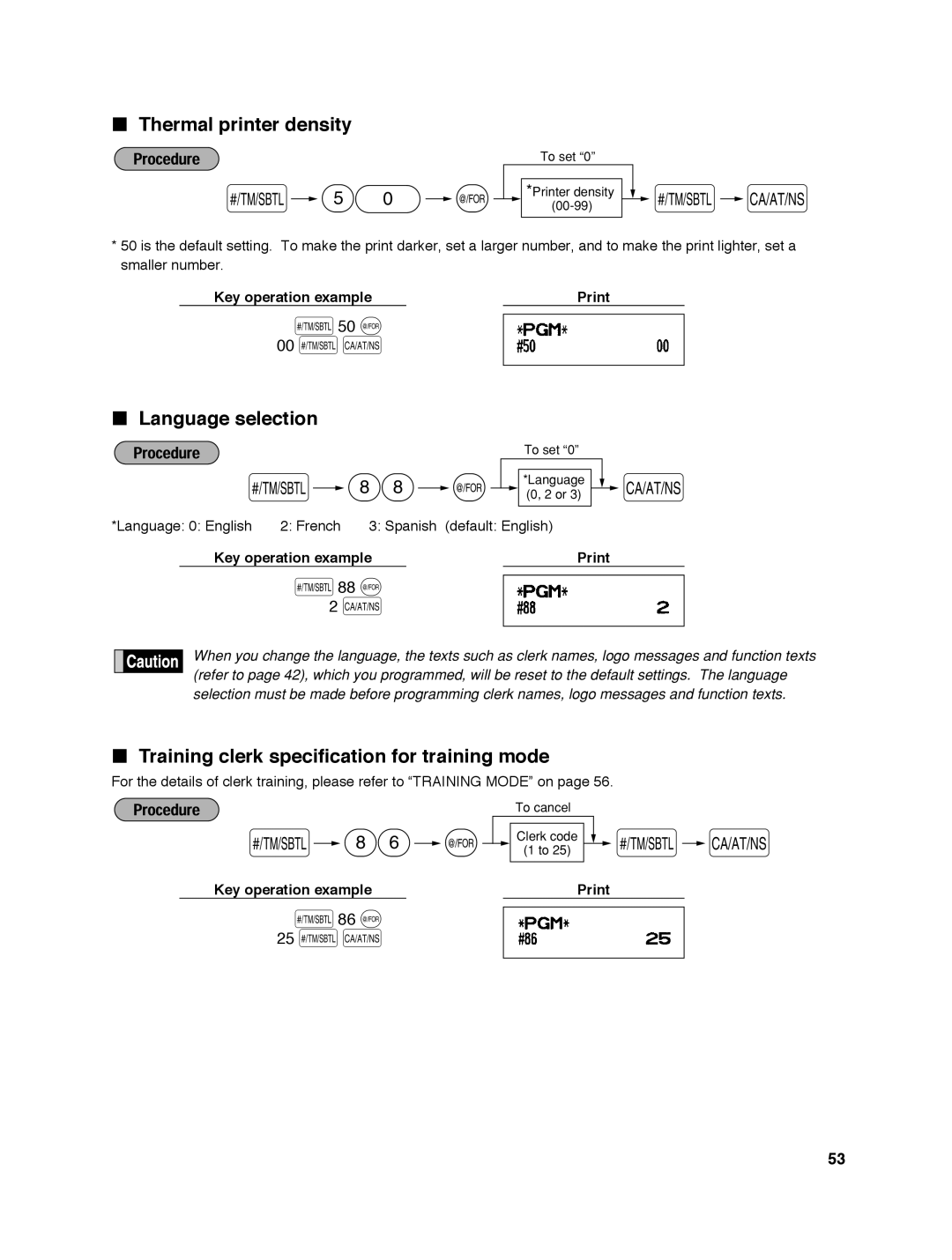 Sharp ER-A242 Thermal printer density, Language selection, Training clerk specification for training mode 