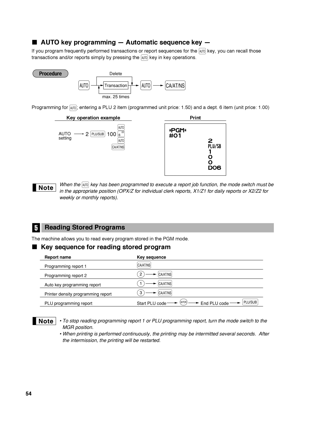 Sharp ER-A242 instruction manual Auto key programming Automatic sequence key, Reading Stored Programs, Auto 2 p100 + 