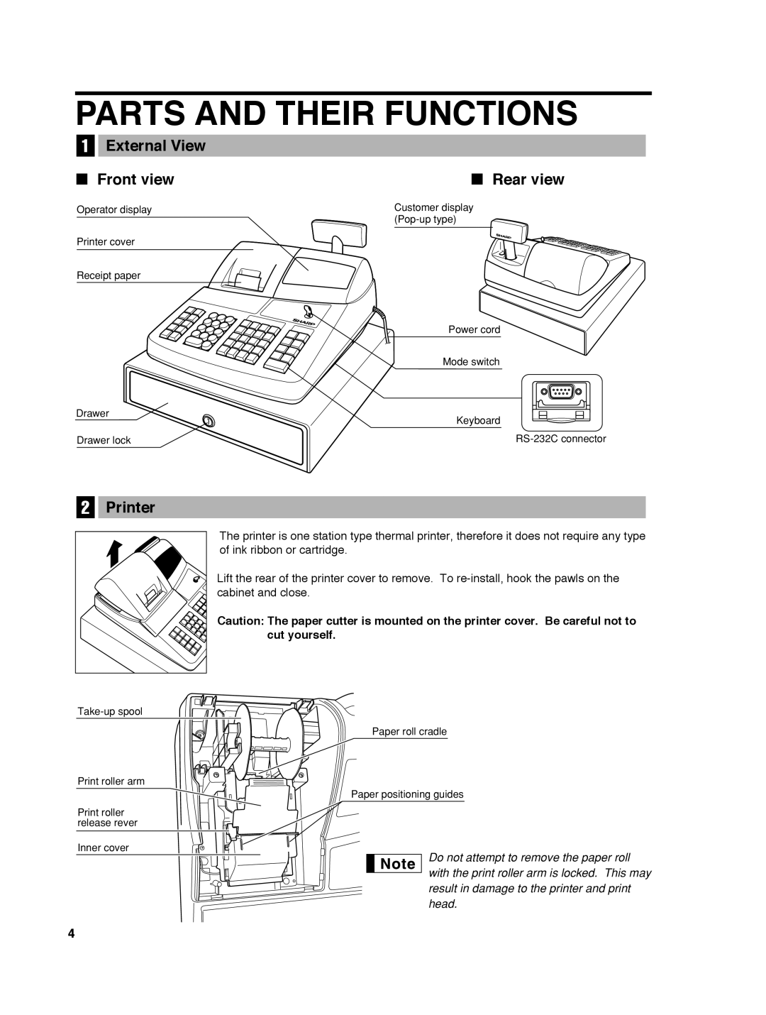 Sharp ER-A242 instruction manual Parts and Their Functions, External View Front view Rear view 