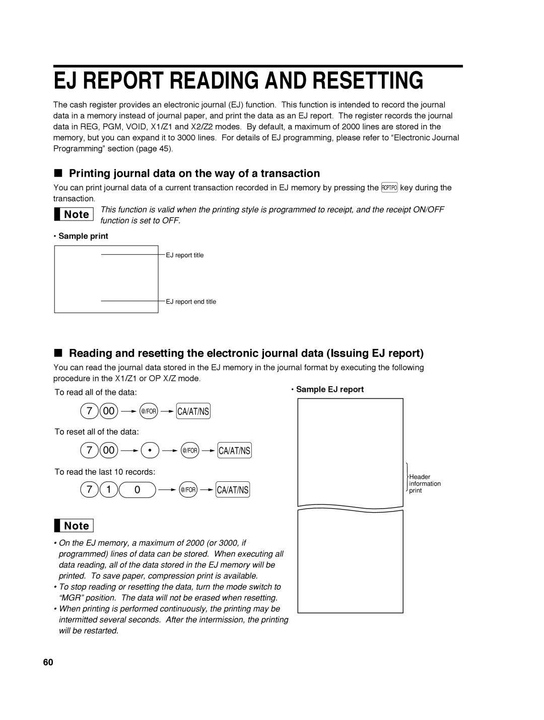 Sharp ER-A242 EJ Report Reading and Resetting, Printing journal data on the way of a transaction, Sample print 