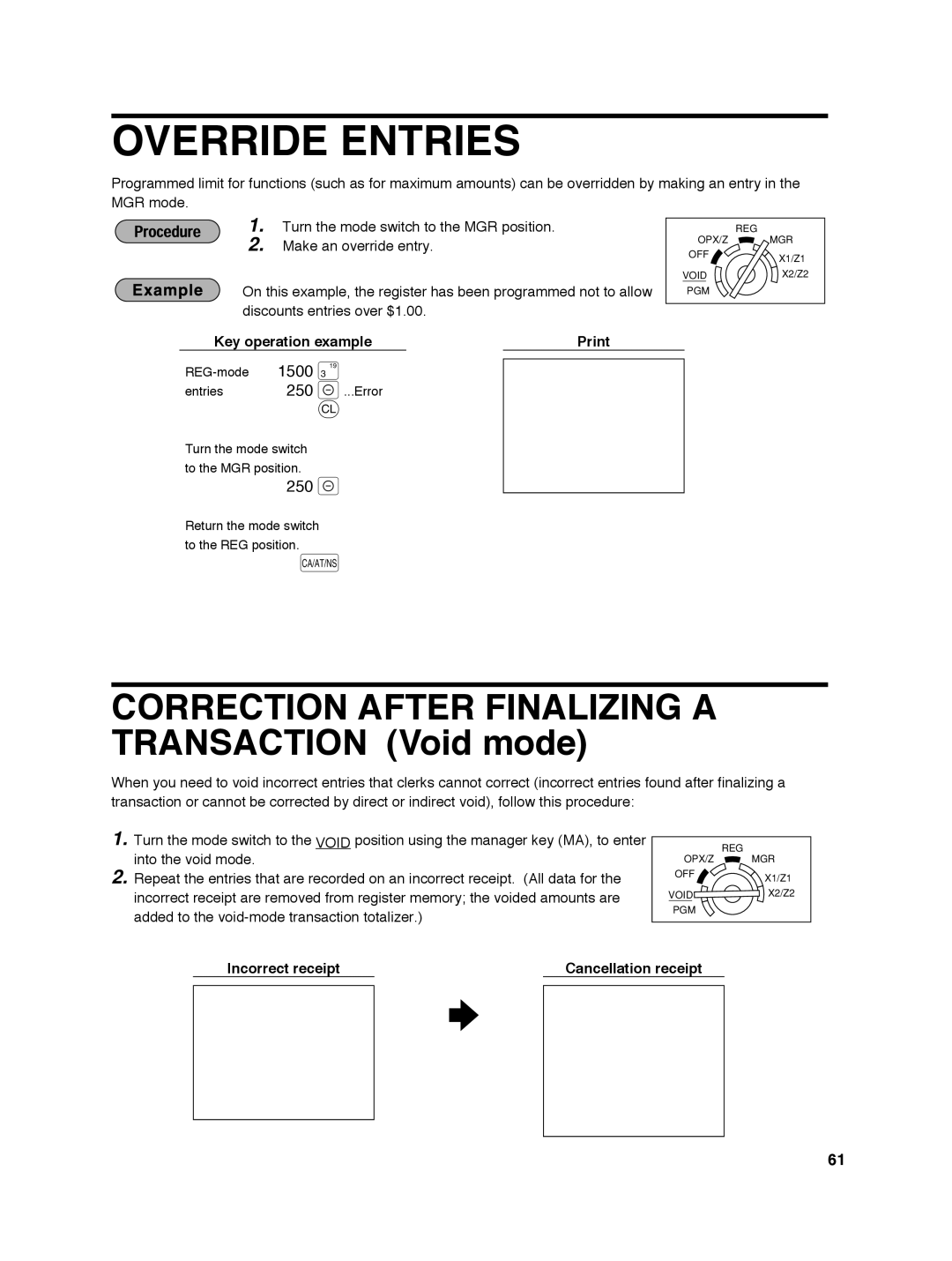 Sharp ER-A242 instruction manual Override Entries, 250, Incorrect receipt Cancellation receipt 