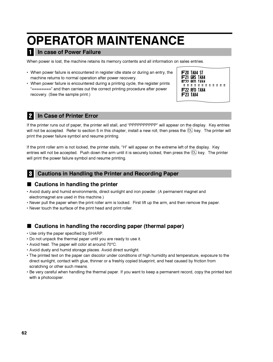 Sharp ER-A242 instruction manual Operator Maintenance, Case of Power Failure, Case of Printer Error 