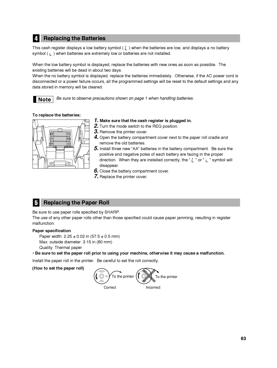 Sharp ER-A242 Replacing the Batteries, Replacing the Paper Roll, Paper specification, How to set the paper roll 