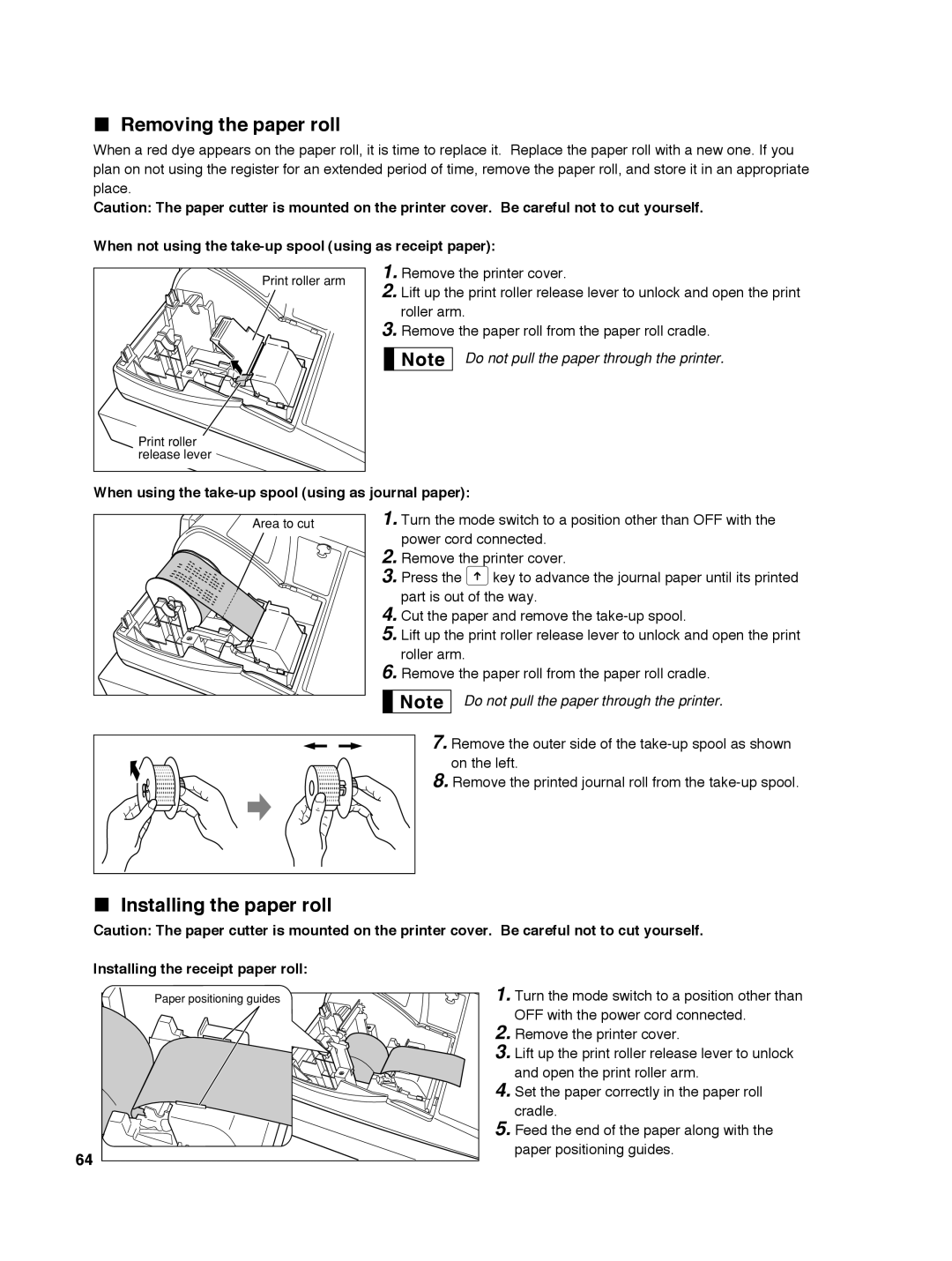 Sharp ER-A242 instruction manual Removing the paper roll, Installing the paper roll 