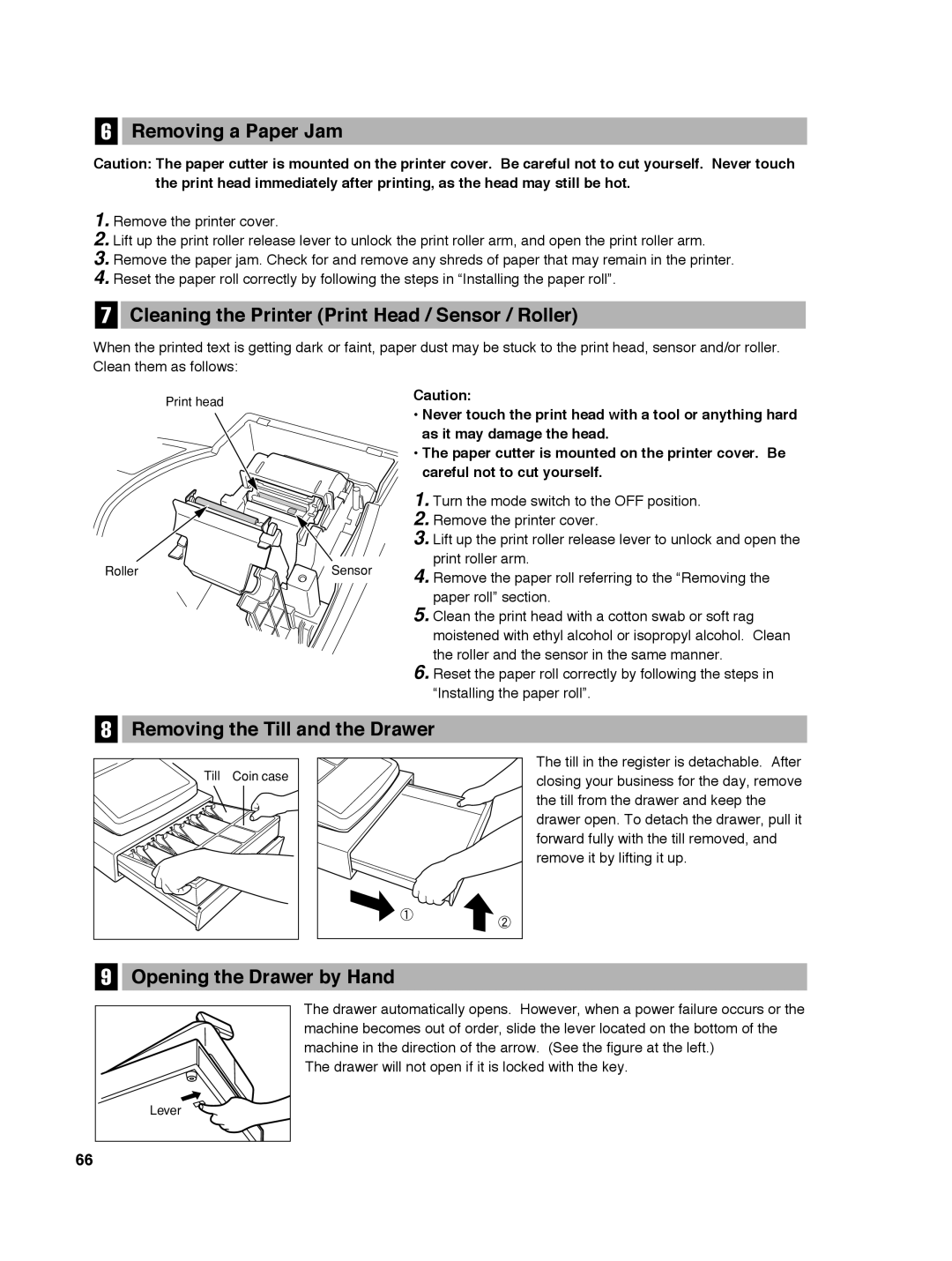 Sharp ER-A242 Removing a Paper Jam, Cleaning the Printer Print Head / Sensor / Roller, Removing the Till and the Drawer 